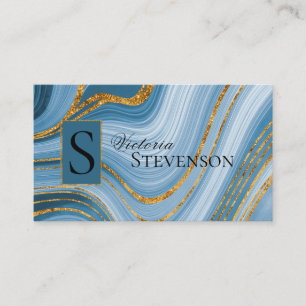 Blue Gold Glitter Marble Monogram Elegant Abstract Business Card