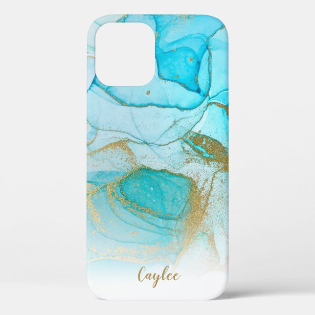 Blue Gold Glitter Marble Personalized Case (Back)