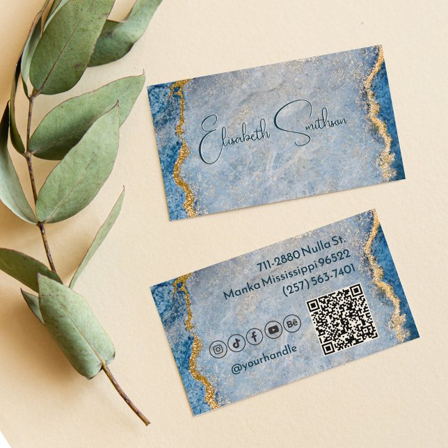  Blue & Gold Glitter Marble Social Media & QR Code Business Card (Creator Uploaded)