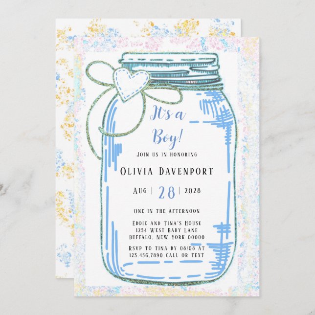 Blue Gold Glitter Mason Jar Boy Baby Shower Invitation (Front/Back)