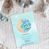 Blue gold glitter over the moon boy baby shower