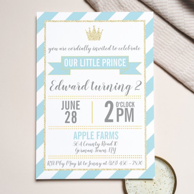 Blue Gold Glitter Prince Birthday Invitation (Creator Uploaded)