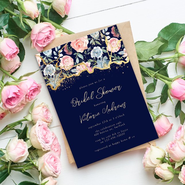 Blue Gold Glitter Rose Floral Bridal Shower Invitation (Creator Uploaded)