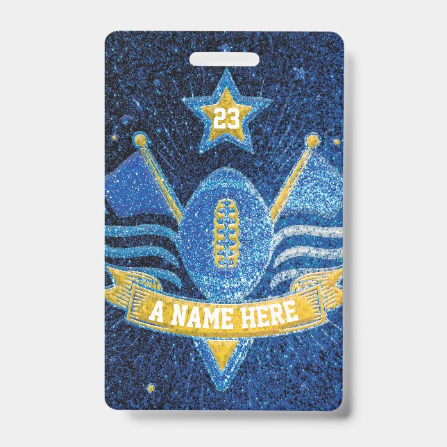 Blue & Gold Glitter School Football Team Sports ID Badge (Front)