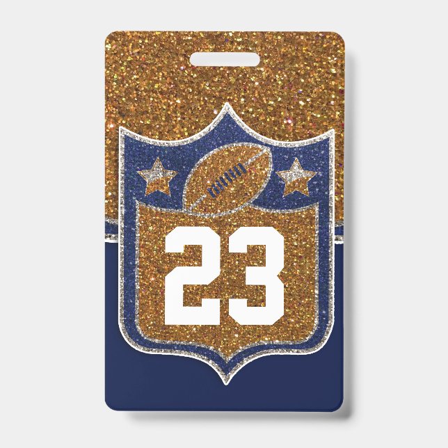 Blue & Gold Glitter School Football Team Sports ID Badge (Front)