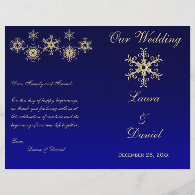 Blue, Gold Glitter Snowflakes Wedding Program (Front)