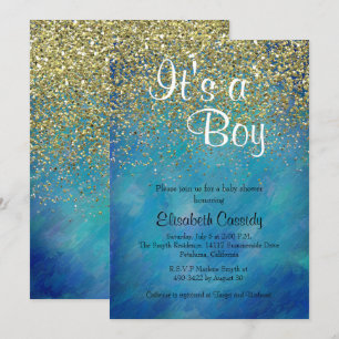 Blue & Gold Glitter Sprinkle Baby Shower Invite