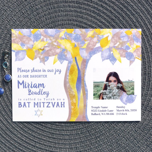 Blue & Gold Glitter Tree of Life Bat Mitzvah Invitation (light blue and gold twisted tree, tree of life bat mitzvah invitations)