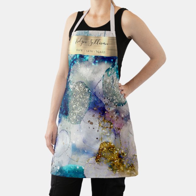 Blue gold glitter watercolor beauty professional apron (Insitu)
