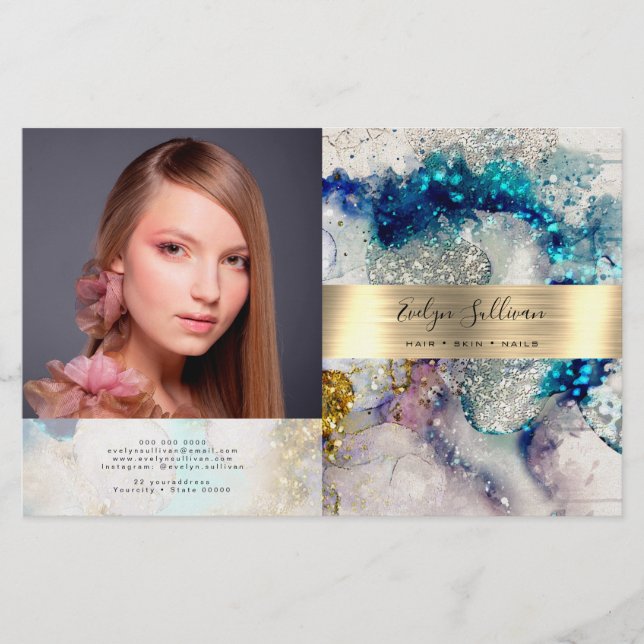 Blue gold glitter watercolor bifold brochure (Front)