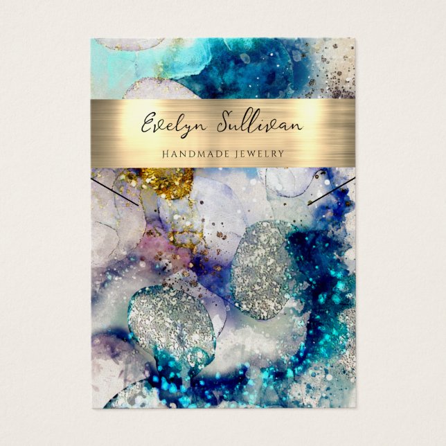 Blue gold glitter watercolor necklace display card (Front)
