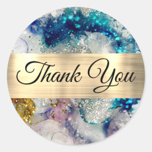 Blue gold glitter watercolor Thank you Classic Round Sticker