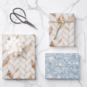 Blue Gold Glitter White Woven Faux Fabric Birthday Wrapping Paper Sheet