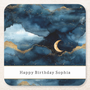 Blue Gold Glitzy Stars Sky Birthday Square Paper Coaster