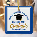 Blue Gold Graduate 2024 Personalised Christmas Ceramic Ornament<br><div class="desc">This modern blue and gold custom graduate Christmas ornament feature classy typography of your university or college name for the class of 2024. Customise with your graduating year next to the chic handwritten script and black grad cap for a great personalised congratulations graduation gift.</div>