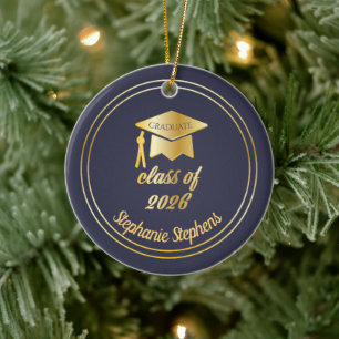 Blue Gold Graduate Cap Graduation 2024 Photo Ceramic Tree Decoration