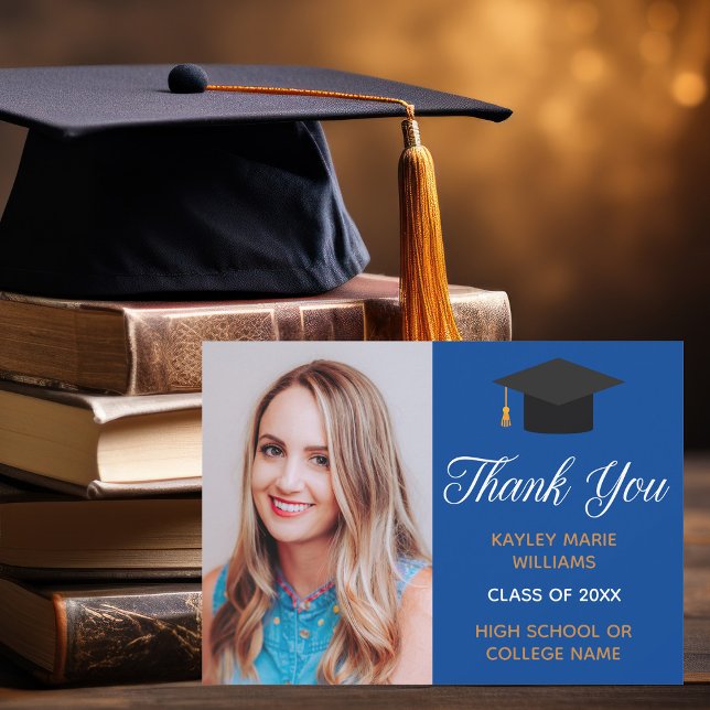 Blue Gold Graduate Photo Classic 2025 Graduation Thank You Card (Creator Uploaded)