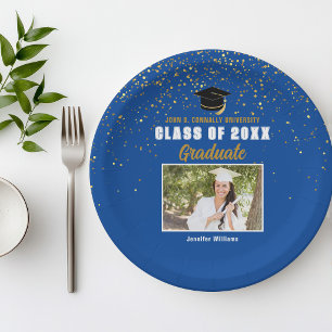 Blue Gold Graduate Photo Custom Graduation Party Paper Plate