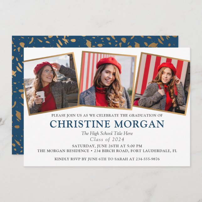 Blue Gold Graduate Photo Graduation Announcement (Front/Back)