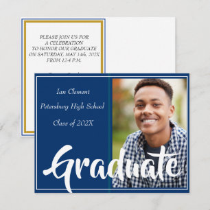 Blue Gold Graduate Photo Personalised Invitation