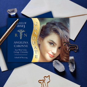Blue   Gold Graduate Wave Caduceus RN Nursing Grad Announcement