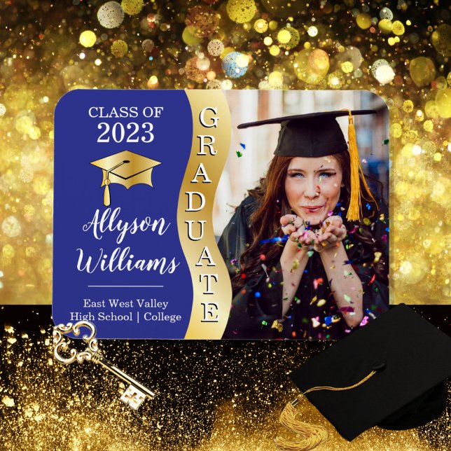 Blue | Gold Graduate Wave Grad Cap Photo Magnet (Creator Uploaded)