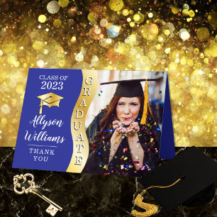 Blue   Gold Graduate Wave Grad Cap Photo Thank You Card