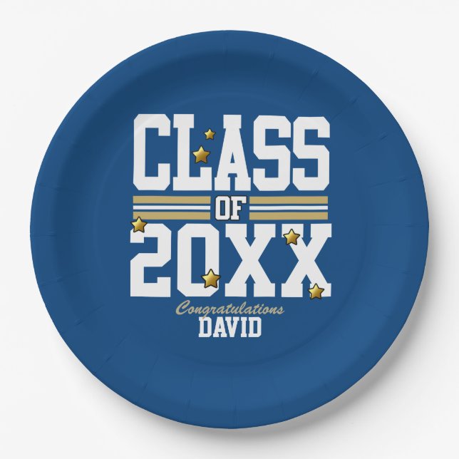 Blue|Gold Graduating Class Year Paper Plate (Front)
