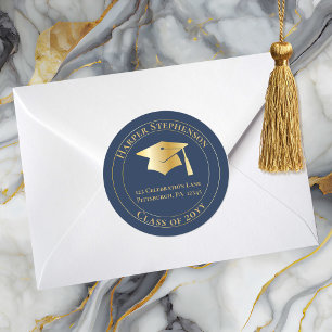 Blue Gold Graduation Cap Class of 2026 Return Add Classic Round Sticker