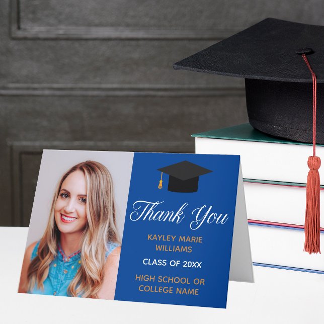 Blue Gold Graduation Photo 2025 Classic Graduate Thank You Card (Creator Uploaded)