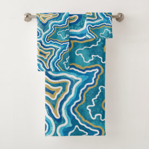 Blue Gold Graphic Agate  Bath Towel Set