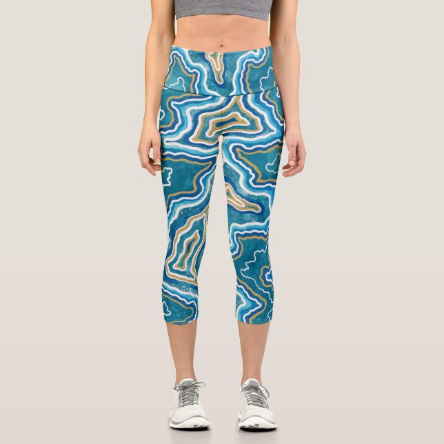 Blue Gold Graphic Agate Capri Leggings (Front)