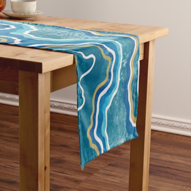 Blue Gold Graphic Agate Short Table Runner (In Situ)