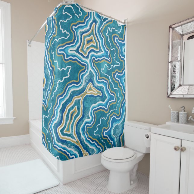 Blue Gold Graphic Agate Shower Curtain (In Situ)