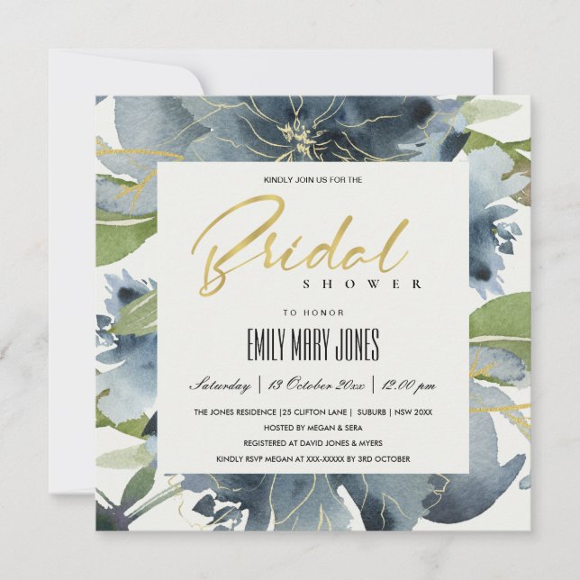 BLUE GOLD GREEN FLORAL WATERCOLOR BRIDAL SHOWER INVITATION (Front)