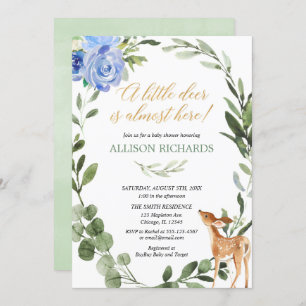 Blue gold greenery little deer boy baby shower invitation