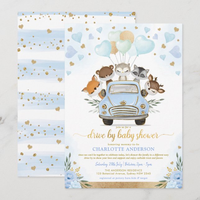 Blue Gold Greenery Woodland Drive By Baby Shower Invitation (Front/Back)