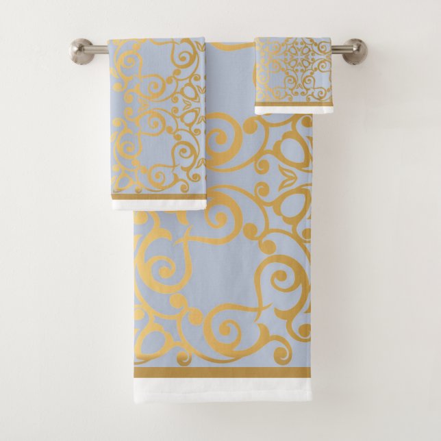 BLUE GOLD HAMPTONS STYLE BATHROOM TOWEL SET (Insitu)