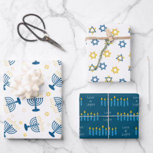 Blue & Gold Hanukkah Menorah Star of David Pattern Wrapping Paper Sheet