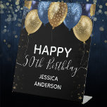 Blue Gold Happy 50th Birthday Pedestal Sign<br><div class="desc">Elegant faux blue and gold glitter balloons on the top border. All text is adjustable and easy to change for your own party needs. any year,  age can be changed</div>