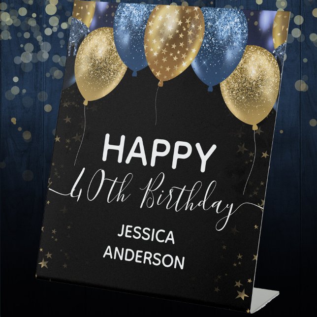 Blue Gold Happy Birthday  Pedestal Sign (Creator Uploaded)