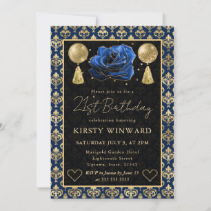 Blue & Gold Heart Damask & Rose 21st Birthday Invitation