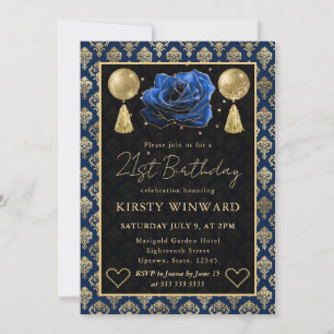 Blue & Gold Heart Damask & Rose 21st Birthday Invitation