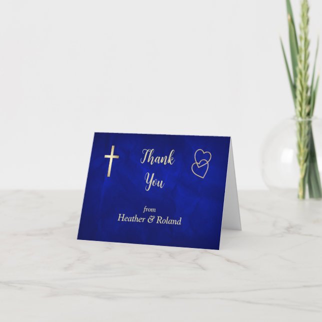 Blue Gold Hearts Christian Cross Wedding Thank You (Front)