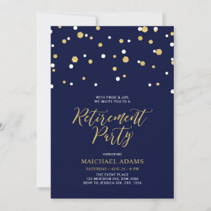 Blue & Gold Hexagon Confetti Retirement Party Invitation
