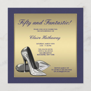 Blue Gold High Heels Womans 50th Birthday Invitation