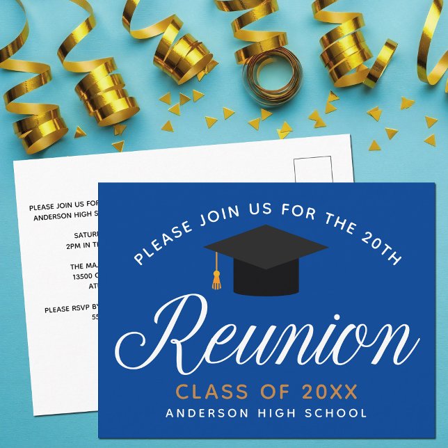 Blue Gold High School Reunion Custom Party Invitat Postcard (Creator Uploaded)