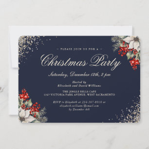 Blue Gold Holly Berries Christmas Holiday Party Invitation