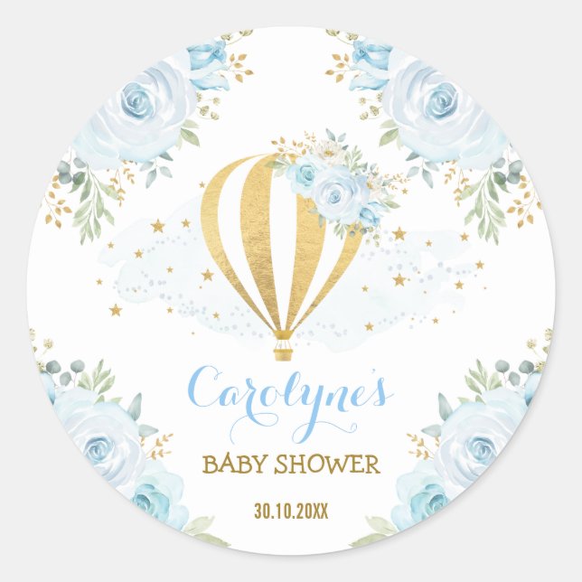 Blue Gold Hot Air Balloon Travel Adventure Floral Classic Round Sticker (Front)