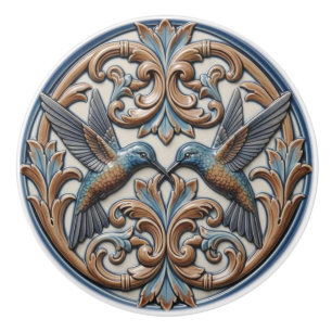 Blue Gold Hummingbird Couple Faux Relief Ceramic Knob